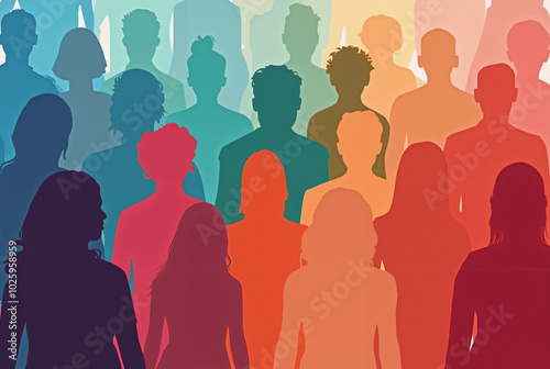 Vibrant Abstract Silhouettes: Diverse Crowd on Colorful Backdrop - Perfect for Diversity Campaigns or Event Promotions