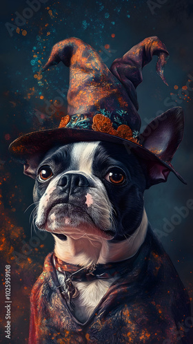 Boston Terrier Witch in Enchanted Realm, a whimsical dark fantasy scene featuring a spellbinding canine sorceress amidst mystical shadows photo