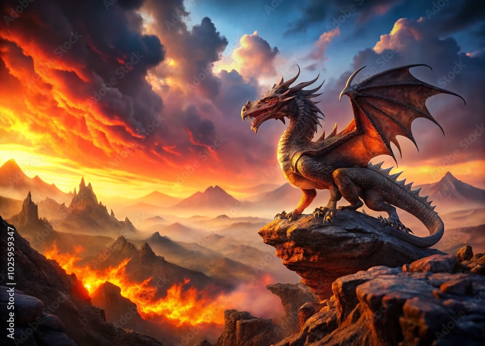 Fierce Dragon Overlooking a Fiery Landscape at Dusk - Epic Fantasy Scene for Nature Lovers Fierce Dragon Overlooking a Fiery Landscape at Dusk - Epic Fantasy Scene for Nature Lovers