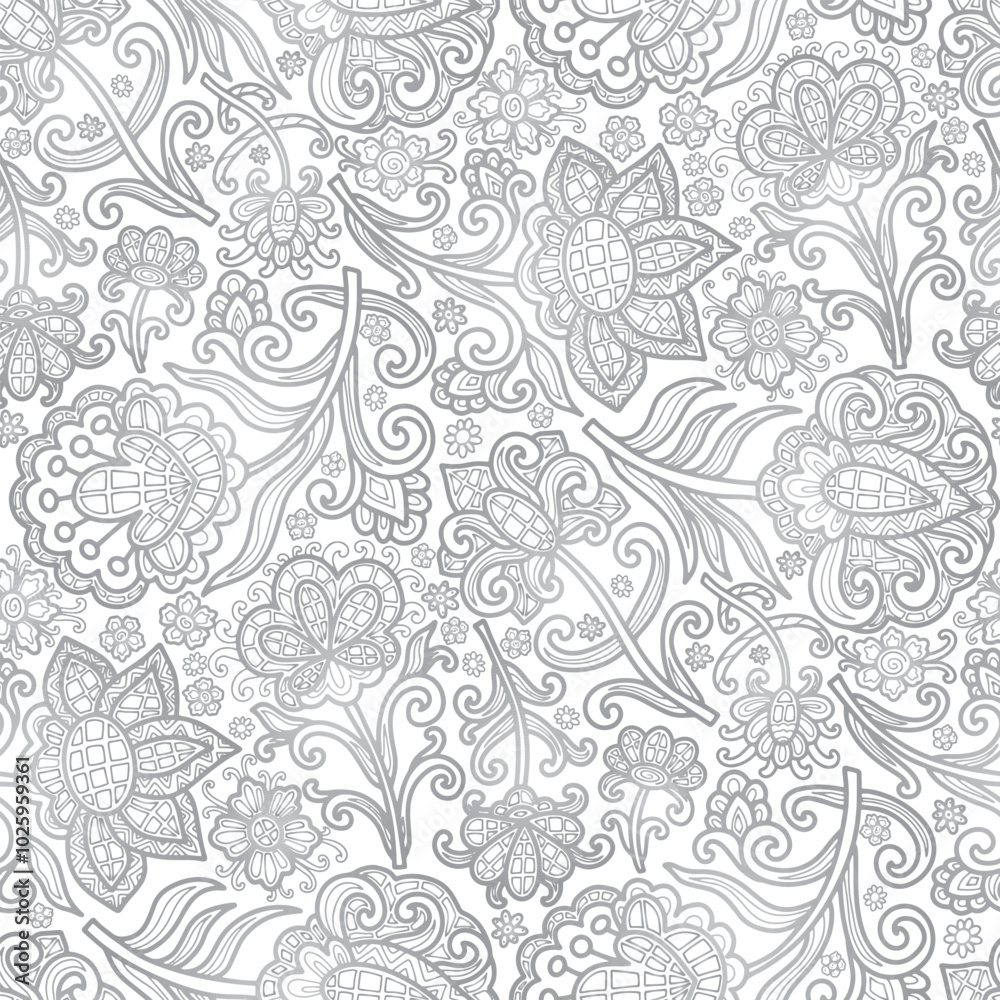 Swirl flowers, paisley pattern, white and grey colours. Seamless floral pattern-436. Swirl flowers, paisley pattern, white and grey colours. Seamless floral pattern-436.