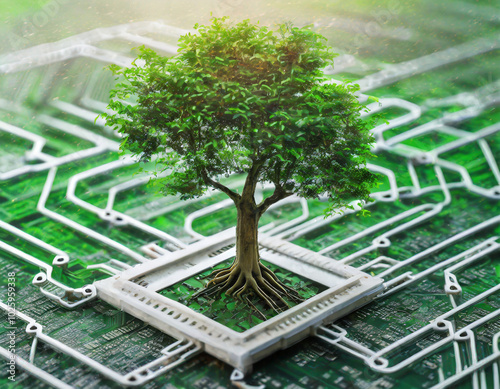 A digital tree grows from a computer chip on a circuit board in a lush, green environment