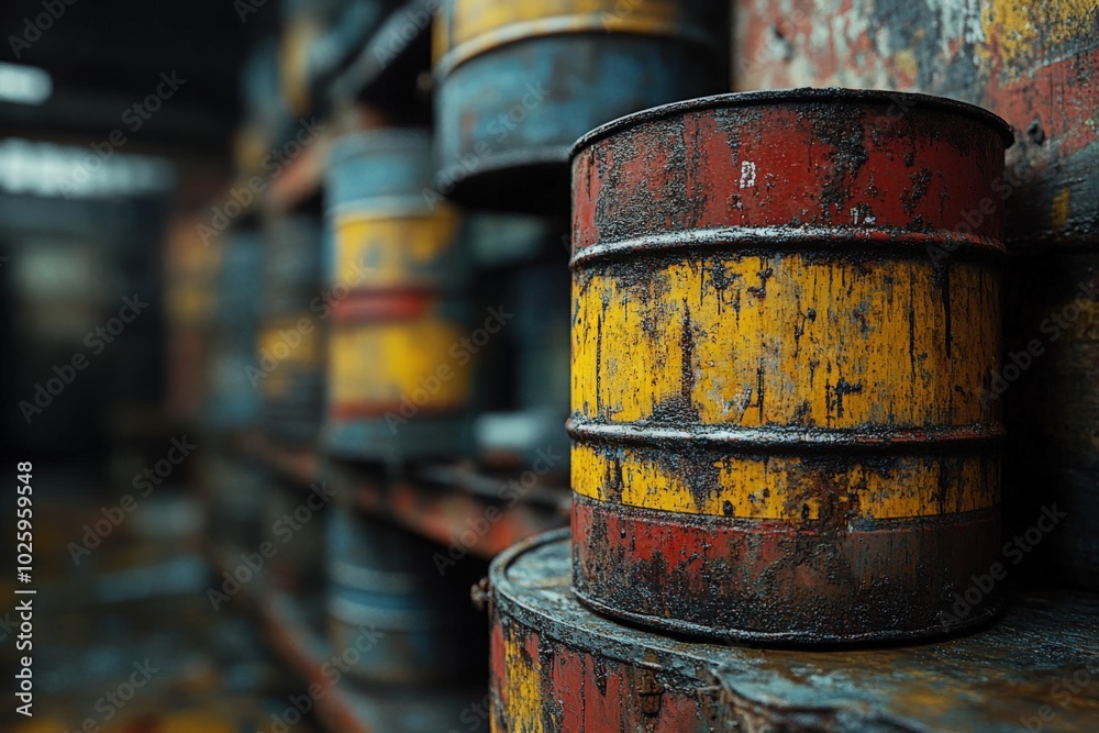 Rusty barrels stacked in an industrial warehouse filled with aged colors and textures Rusty barrels stacked in an industrial warehouse filled with aged colors and textures