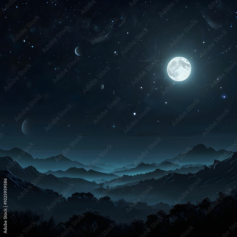 A serene night sky featuring a luminous moon, surrounded by twinkling stars, A serene night sky featuring a luminous moon, surrounded by twinkling stars,