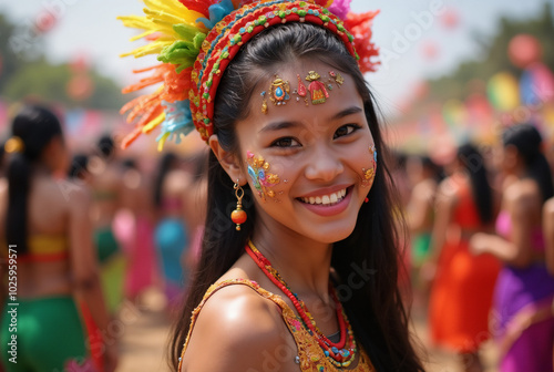 Vibrant Cultural Celebration: Young Woman in Traditional Attire at Festival - Perfect for Travel Brochures or Cultural Events