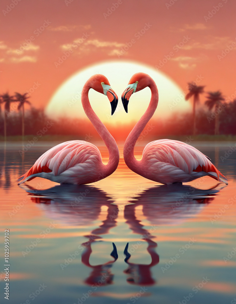 Naklejka premium Two flamingos gracefully mirror each other at sunset on a tranquil lake surrounded by palm trees