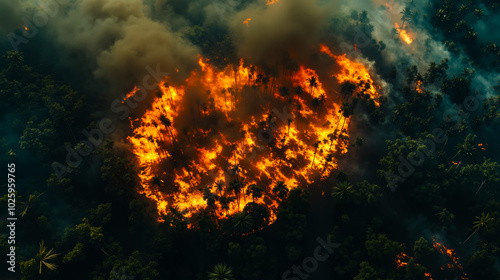 A large fire in the middle of a forest filled with trees