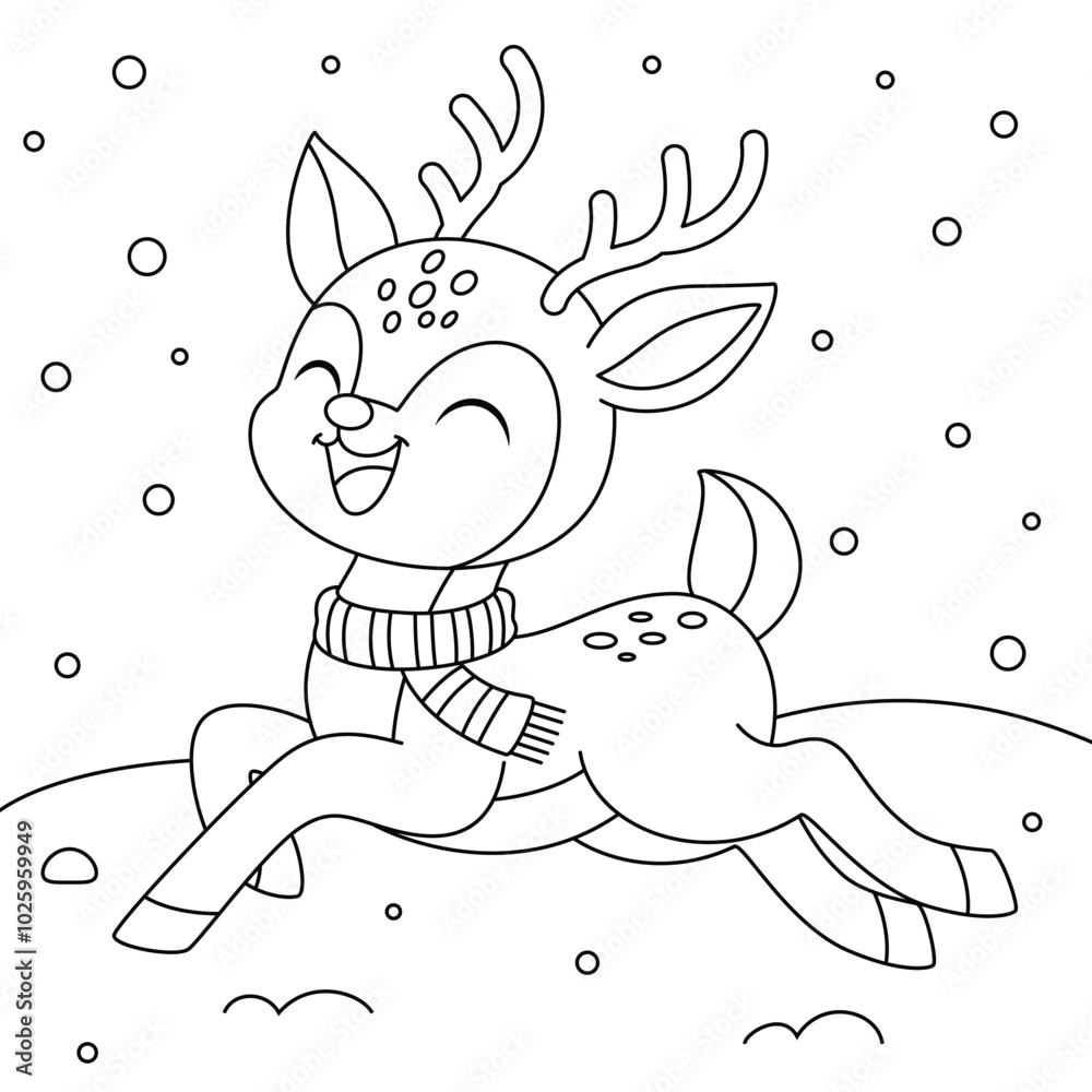 Deer prancing joyfully in the snow outline coloring page. Christmas and Winter Animal Illustration
