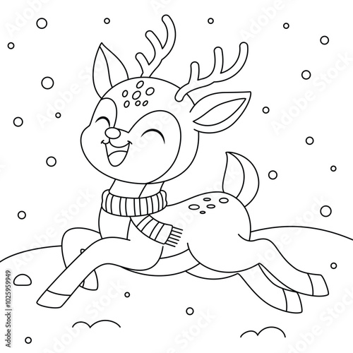 Obraz na płótnie Deer prancing joyfully in the snow outline coloring page. Christmas and Winter Animal Illustration w salonie