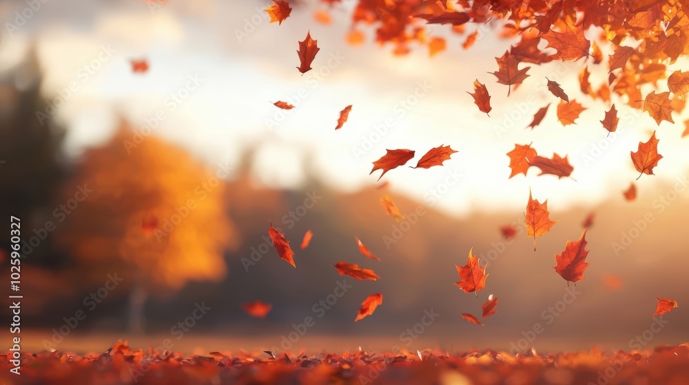 Colorful autumn leaves falling in a serene landscape with soft sunlight filtering through trees. Colorful autumn leaves falling in a serene landscape with soft sunlight filtering through trees.