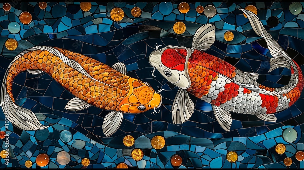 custom made wallpaper toronto digitalAn illustration in the style of a stained glass window with koi carp on a background of wate