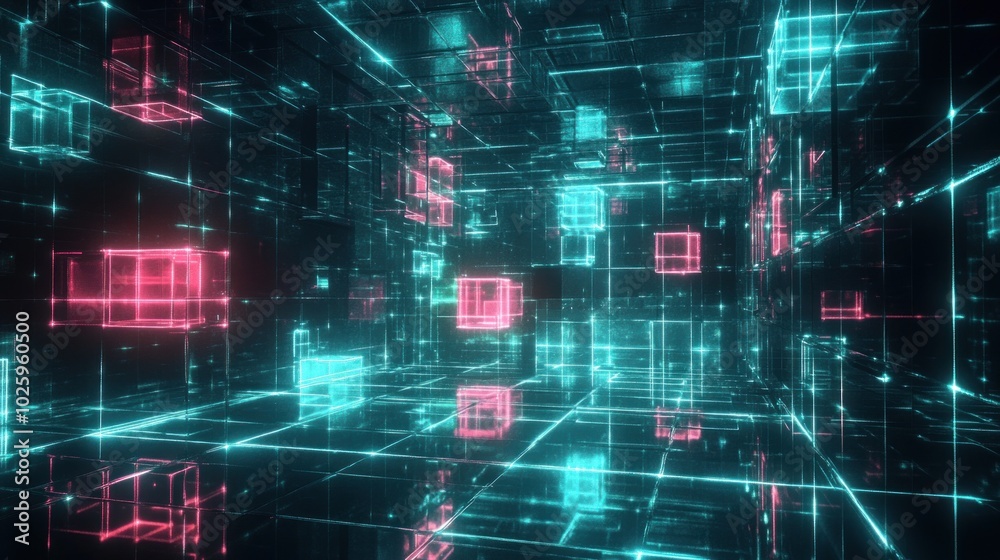 A futuristic digital space with glowing cubes in blue and pink hues. A futuristic digital space with glowing cubes in blue and pink hues.