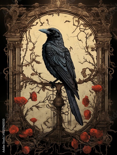 Fototapeta Naklejka Na Ścianę i Meble -  A solitary raven perched on a wrought iron branch amidst blooming red roses within a decorative frame.