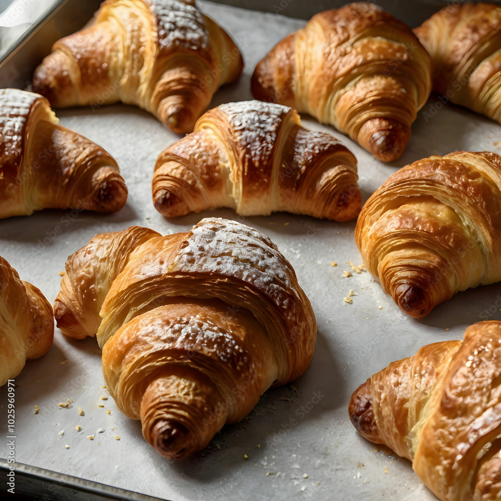 Freshly baked croissants arranged on a baking sheet,