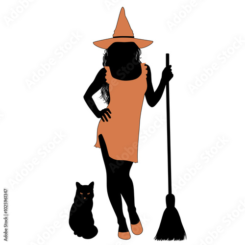 Black silhouette of young Halloween witch in orange dress and hat with broomstick and black cat. Vector illustration for Halloween party.