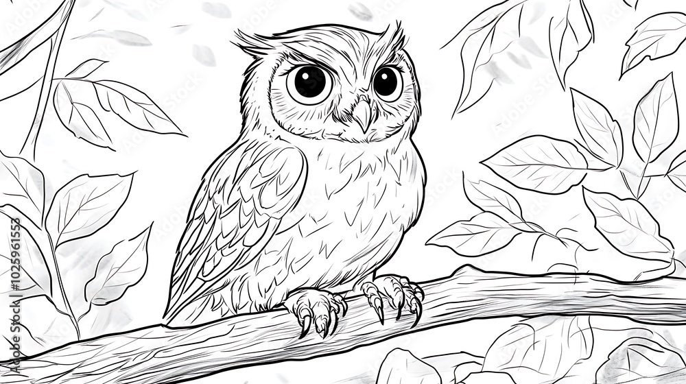 Fototapeta premium An owl perched on a low branch in the forest, bold lines, low details, no shading, large round eyes, simple leaves in the background, child-friendly design --ar 16:9 --sref https://s.mj.
