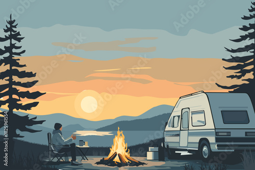 forest landscape camping trees lake sunset fall nature inspired vector illustration