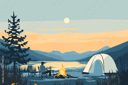 forest landscape camping trees lake sunset fall nature inspired vector illustration