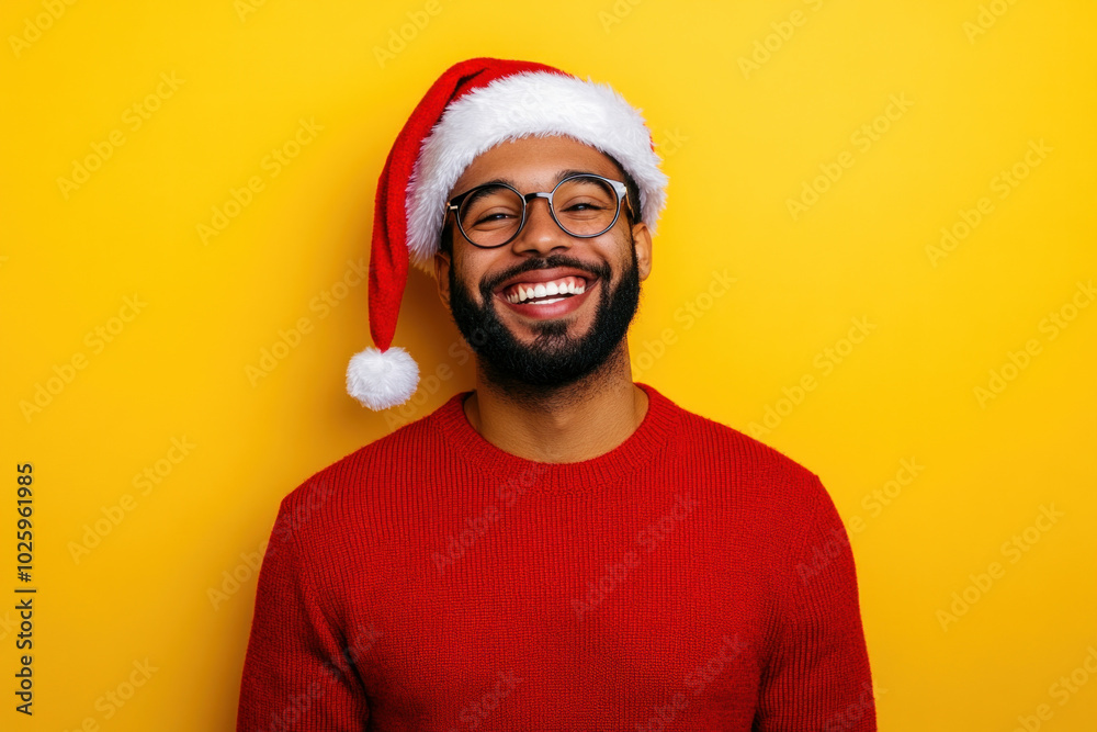 Man in Santa hat and glasses smiling warmly by a Christmas tree, holding colorful gifts, surrounded by festive decorations and twinkling lights. Man in Santa hat and glasses smiling warmly by a Christmas tree, holding colorful gifts, surrounded by festive decorations and twinkling lights.