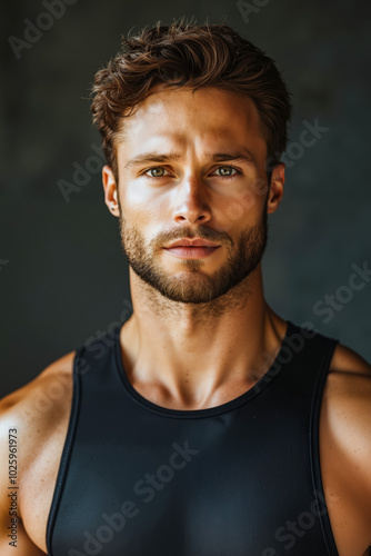 A man with a beard wearing a black tank top