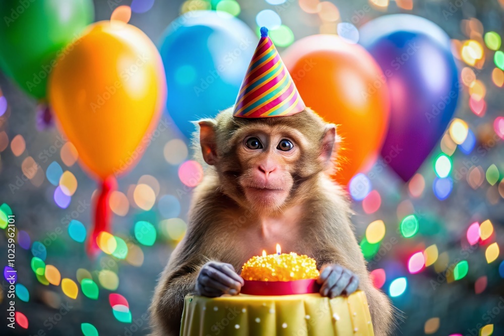 Funny Happy Birthday Monkey with Bokeh Effect for Celebrations and Joyful Moments Funny Happy Birthday Monkey with Bokeh Effect for Celebrations and Joyful Moments