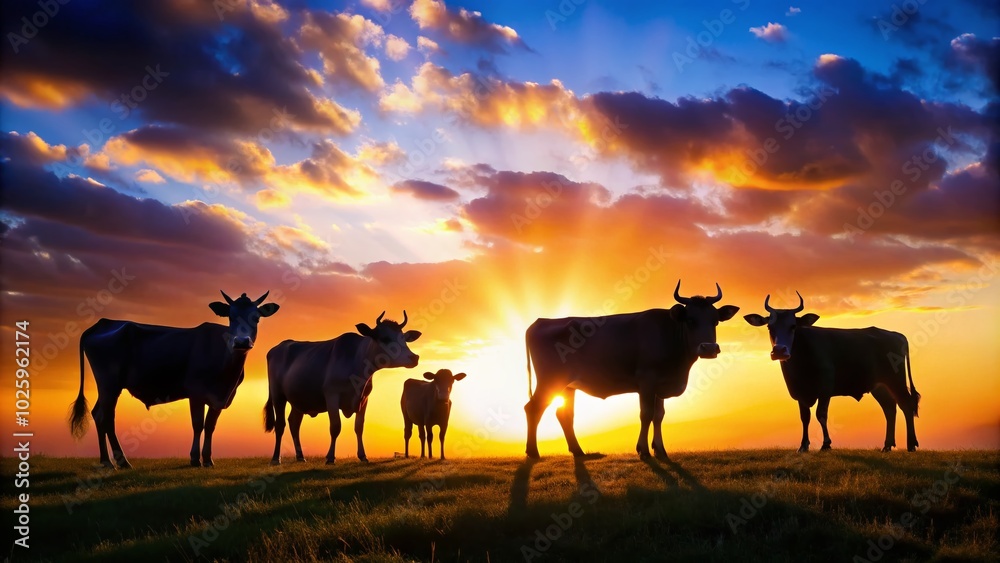 Funny Silhouette of Cows in a Playful Scene at Sunset Funny Silhouette of Cows in a Playful Scene at Sunset
