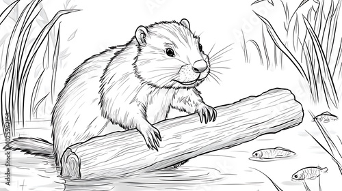 A beaver holding a log by the pond, small fish swimming nearby, surrounded by tall grass and water plants, bold lines, low details, no shading, child-friendly design --ar 16:9 --sref https://s.mj. photo