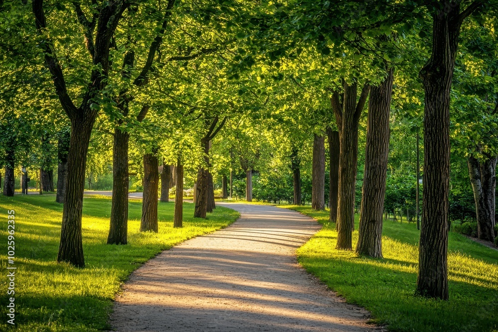 Serene Pathway Through Vibrant Green Trees Serene Pathway Through Vibrant Green Trees