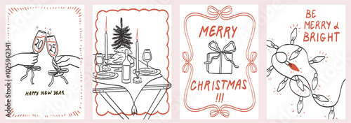 Retro vintage new year drawing in doodle line art print style. Christmas poster,greeting card or placard set. Hand drawn ink drawing of served table ready for xmas dinner. Wine or champagne cheers.