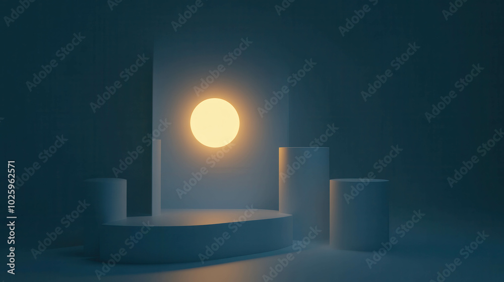 Serene Minimalist Product Display: An elegant, dimly lit 3D rendering featuring a moonlit stage with cylindrical platforms, perfect for showcasing products or branding. Serene Minimalist Product Display: An elegant, dimly lit 3D rendering featuring a moonlit stage with cylindrical platforms, perfect for showcasing products or branding.