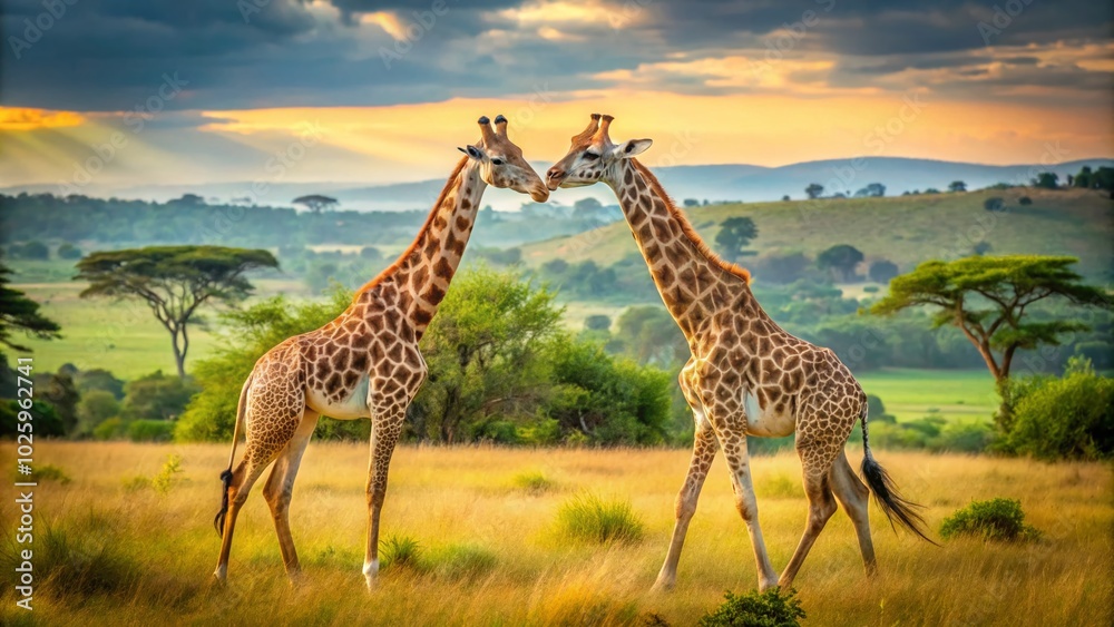 Obraz premium Giraffes Engaging in a Majestic Duel Amidst the African Savanna