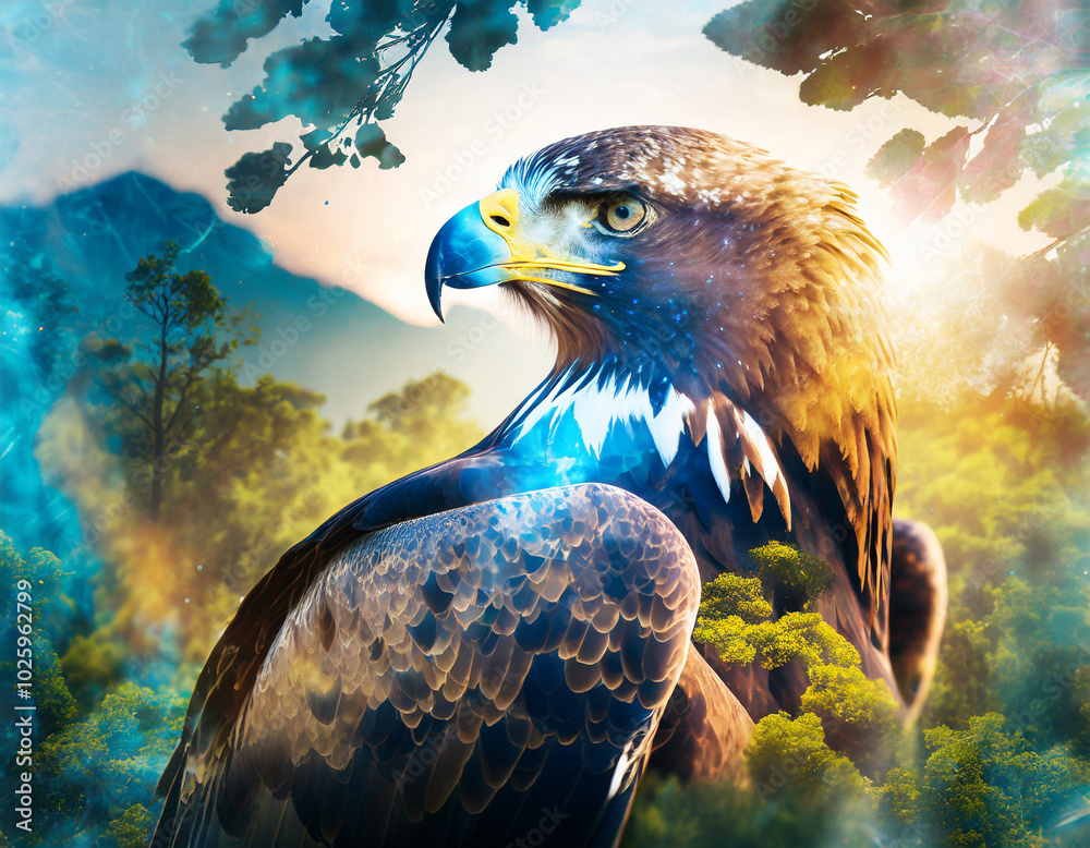 Fototapeta premium An eagle with a breathtaking mountain reflection in its body near a serene lake at sunset
