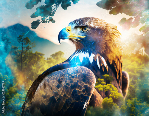 An eagle with a breathtaking mountain reflection in its body near a serene lake at sunset