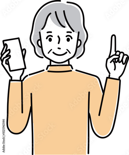 スマホを持って説明をするシニア女性