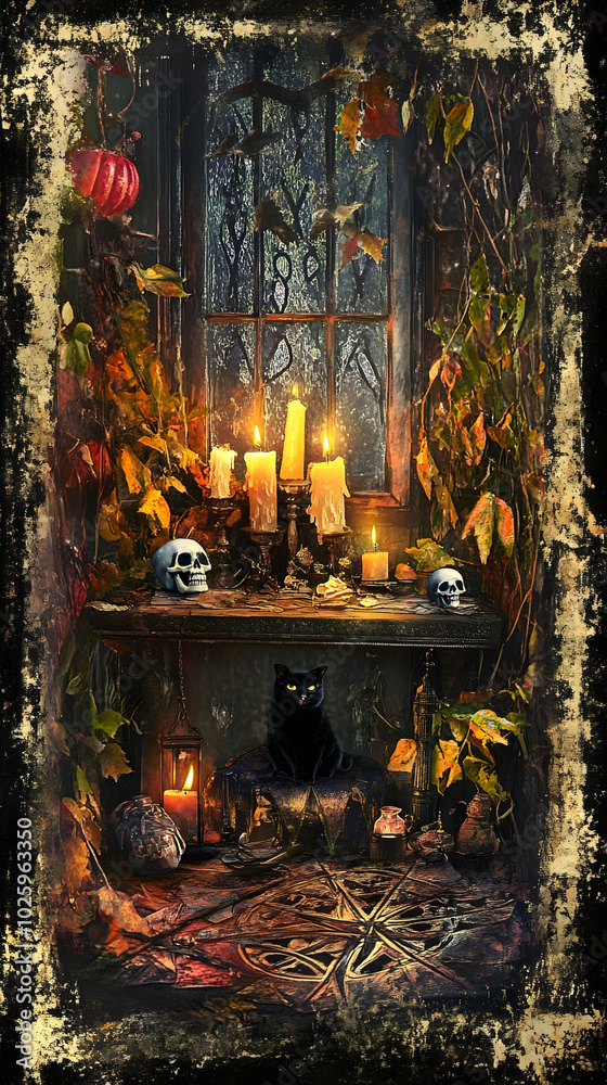 Witch's Altar Junk Journal Page, featuring candles, skulls, pentagrams, black cat, rich dark colors, aged textures, mystical ancient ambiance Witch's Altar Junk Journal Page, featuring candles, skulls, pentagrams, black cat, rich dark colors, aged textures, mystical ancient ambiance