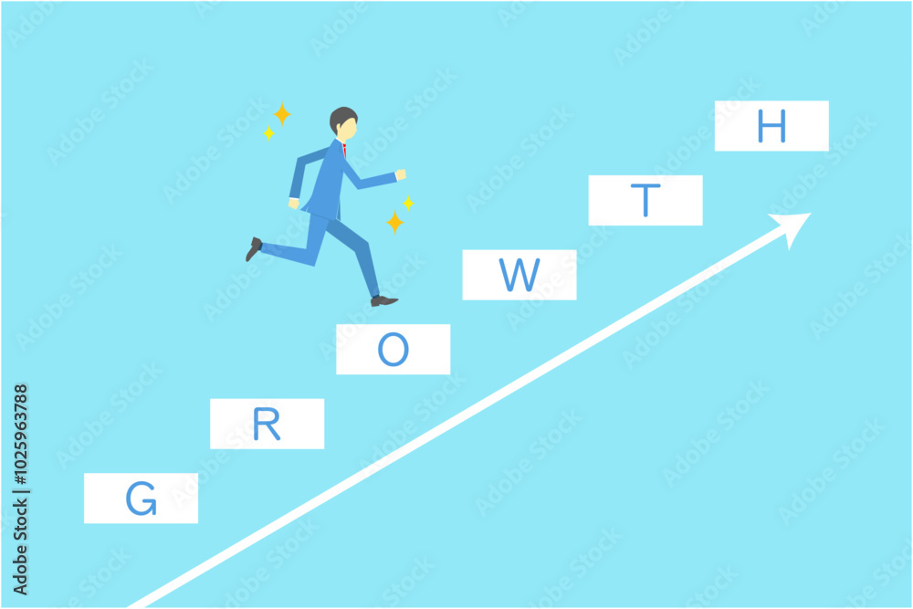 GROWTHの文字が書かれた階段を駆け上るビジネスマンのイラスト GROWTHの文字が書かれた階段を駆け上るビジネスマンのイラスト