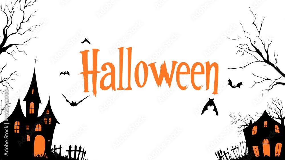 Loop animation of a Halloween banner with bats and spooky house near trees placed on a white background. Loop animation of a Halloween banner with bats and spooky house near trees placed on a white background.