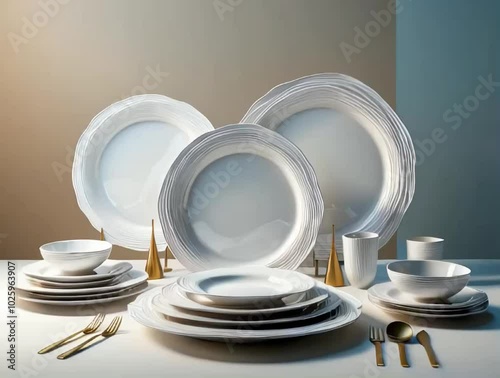 a Bone china dinner set design, featuring a pristine white color palette with creative, irregular forms that exude a sense of excitement and modernity