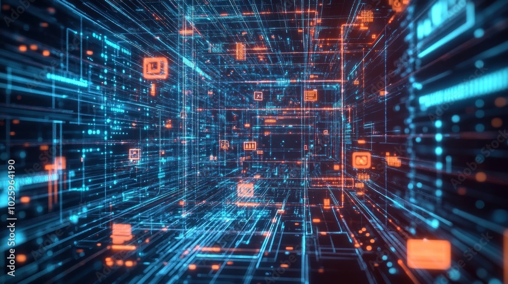 A digital abstract representation of interconnected data streams and circuits. A digital abstract representation of interconnected data streams and circuits.