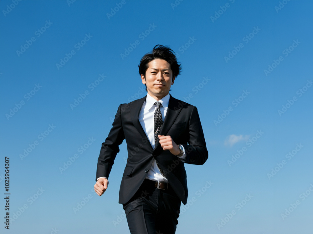 走るビジネスマン, 青空 走るビジネスマン, 青空