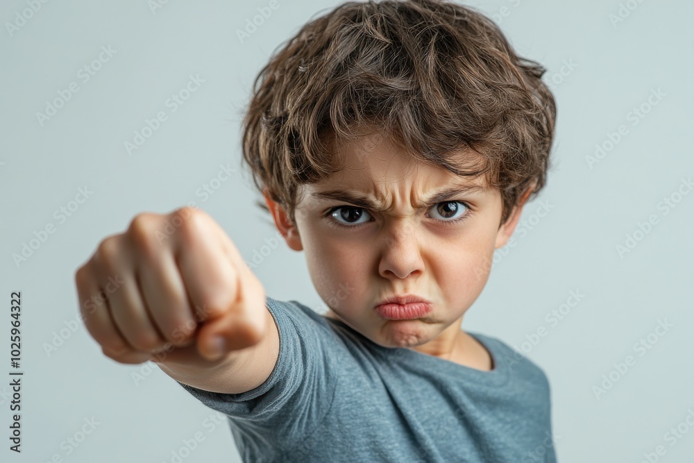 Angry young boy with clenched fist forward Angry young boy with clenched fist forward
