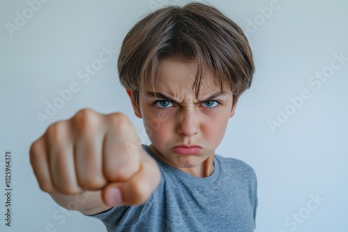 Angry young boy with clenched fist forward