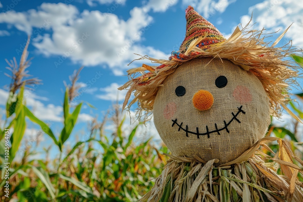 Cheerful Traditional Scarecrow in Cornfield Cheerful Traditional Scarecrow in Cornfield