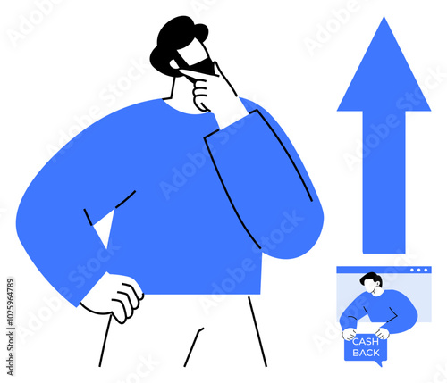 Thoughtful person with a hand on the chin in blue and white theme beside an upward arrow and a small illustration of cash back. Ideal for finance, savings, business growth, decision-making