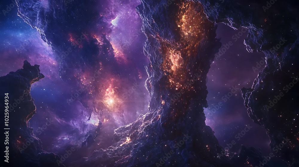 Fototapeta premium Cosmic landscape with vibrant purple and orange colors.