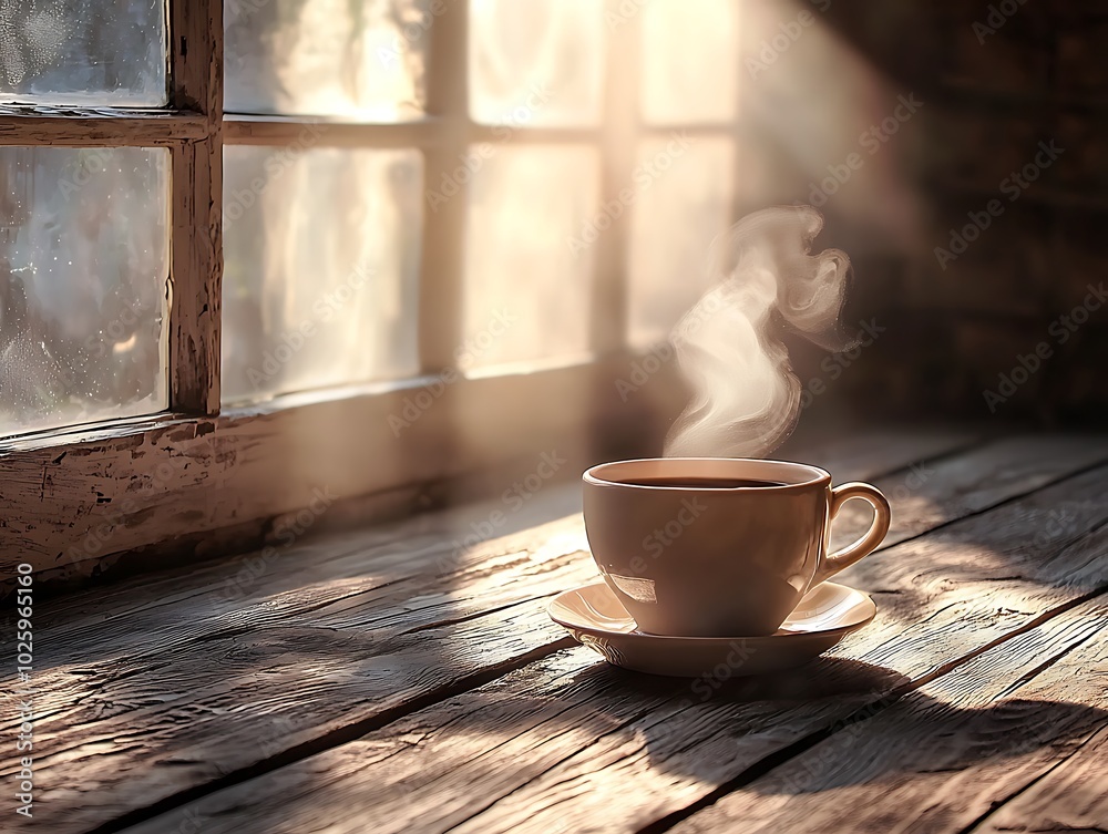 Cup of steaming coffee on wooden table near window. Cup of steaming coffee on wooden table near window.
