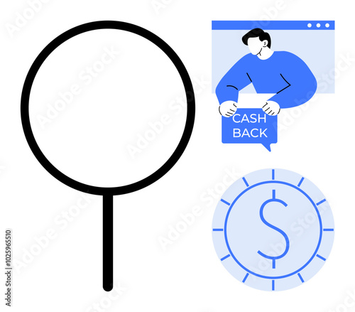 Magnifying glass with figure holding a Cash Back sign, symbolizing rewards. Ideal for financial themes, savings tips, reward programs, retail incentives, and money management concepts. Simple, clean