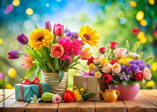 Happy Mother's Day Panoramic Clip Art Scene with Flowers and Warm Colors