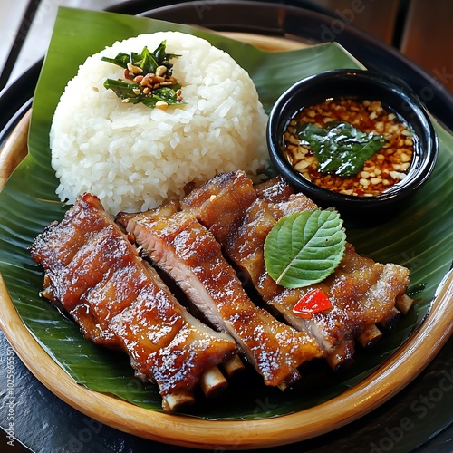 Delicious grilled pork ribs with rice and dipping sauce. photo