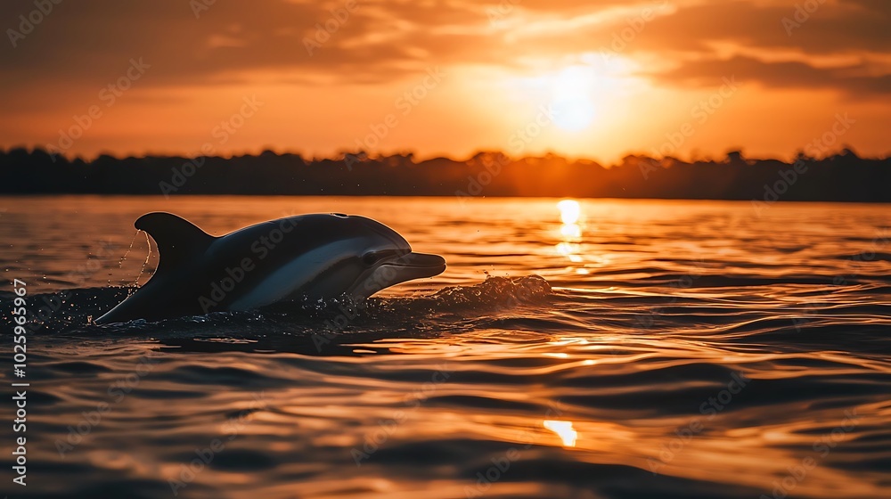 Fototapeta premium Dolphin swimming in sunset-lit ocean, beautiful natural scenery