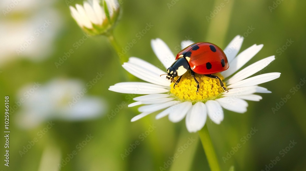 A vibrant ladybug perched delicately on a white daisy, surrounded by lush green foliage and soft bokeh background. A vibrant ladybug perched delicately on a white daisy, surrounded by lush green foliage and soft bokeh background.